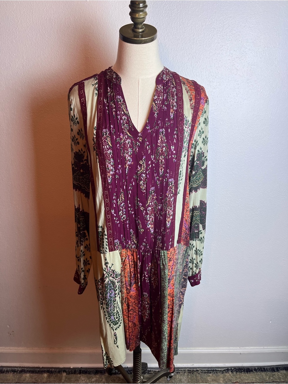 Tiny by Anthropologie Patchwork Floral V-Neck Long Sleeve Dress in Plum & Cream